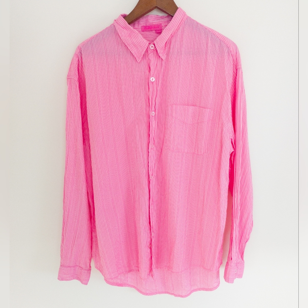 Fresh Produce Pink Striped Crinkle Cotton Button Down Shirt Small Beach Coastal